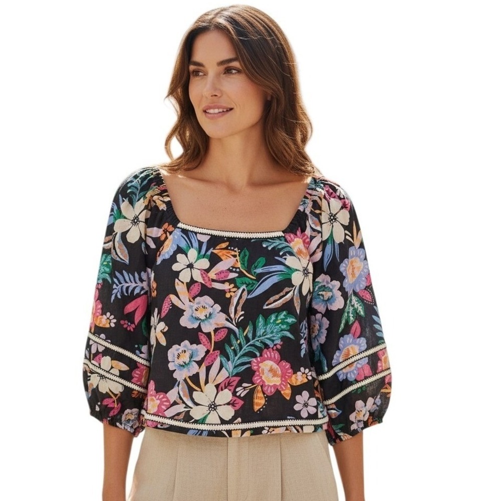 C&C California 100%Linen Euro Summer Womens size Large Floral Ballon Sleeve Top